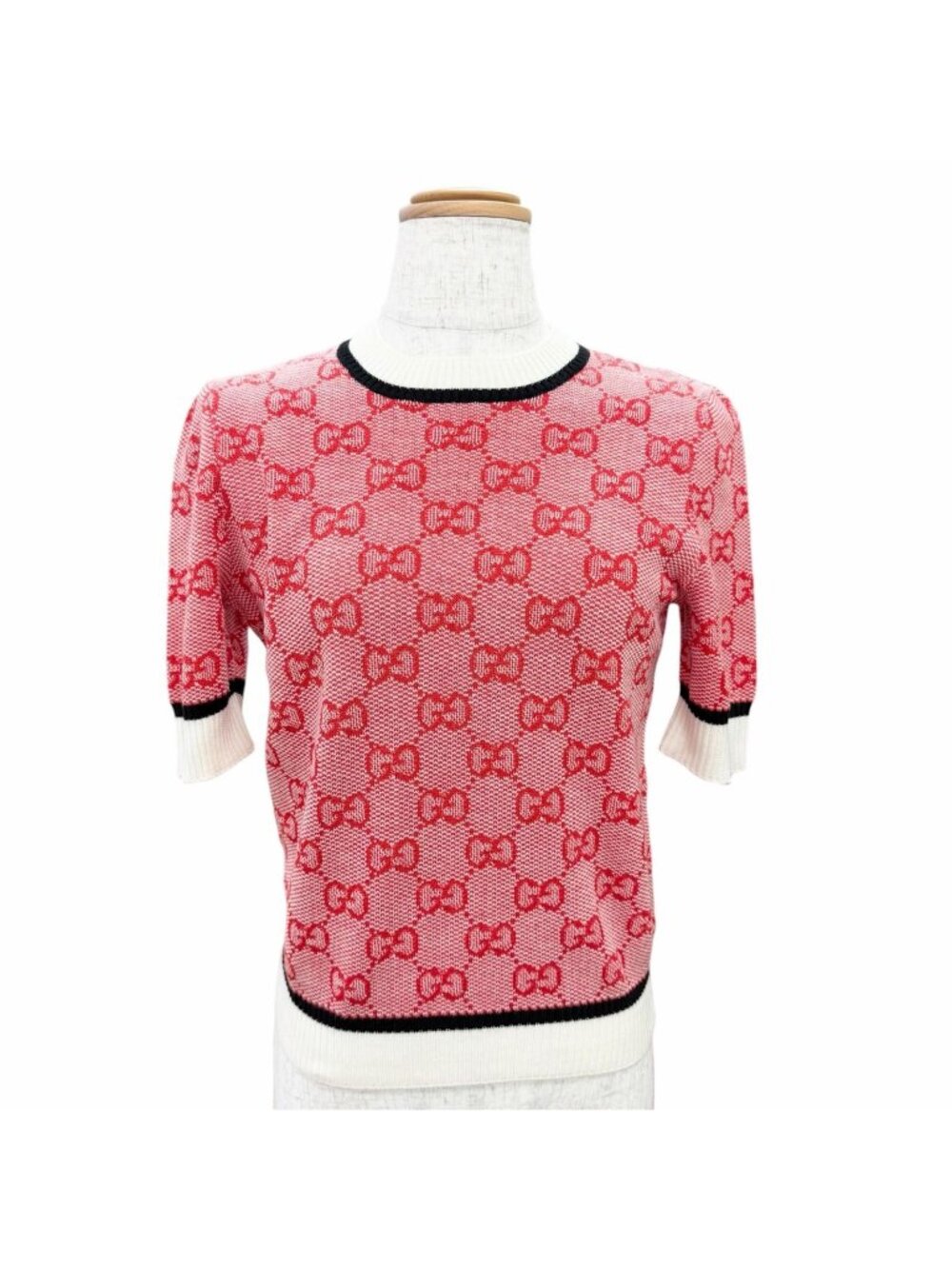Gucci Wool Cotton GG Monogram All Over Print Short Sleeve Knit Top Red White XS